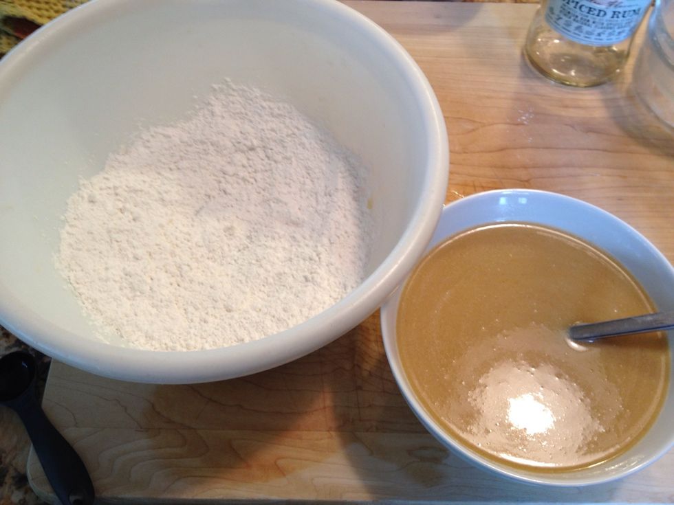 Mix sugar, wet ingredients and dry separately.