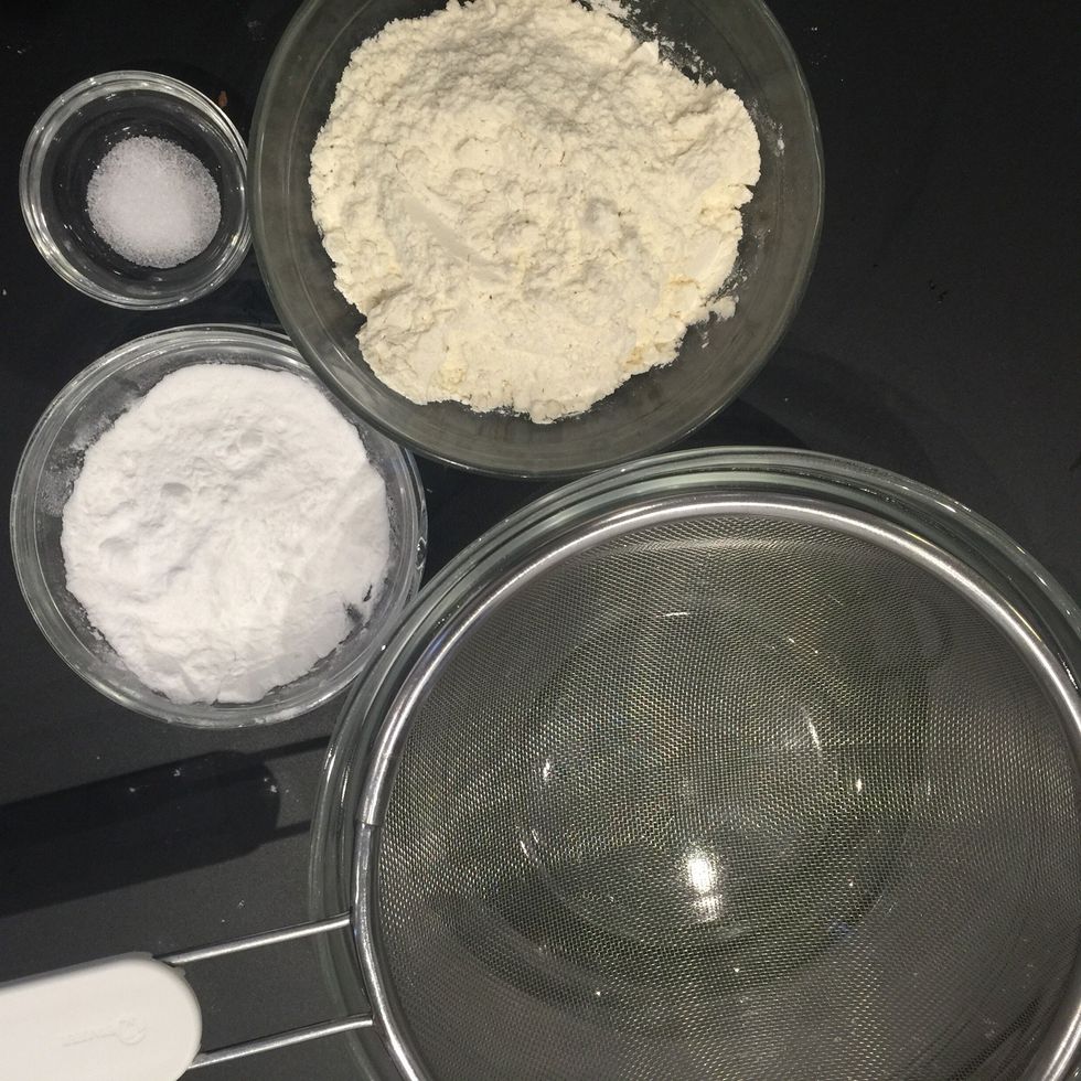 Mix the 2 flours and salt. Sift