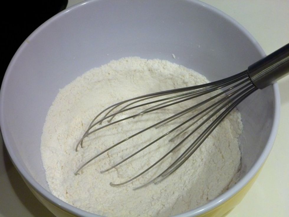 Mix the 3/4 cup of sugar with the 3 cups of flour till just blended