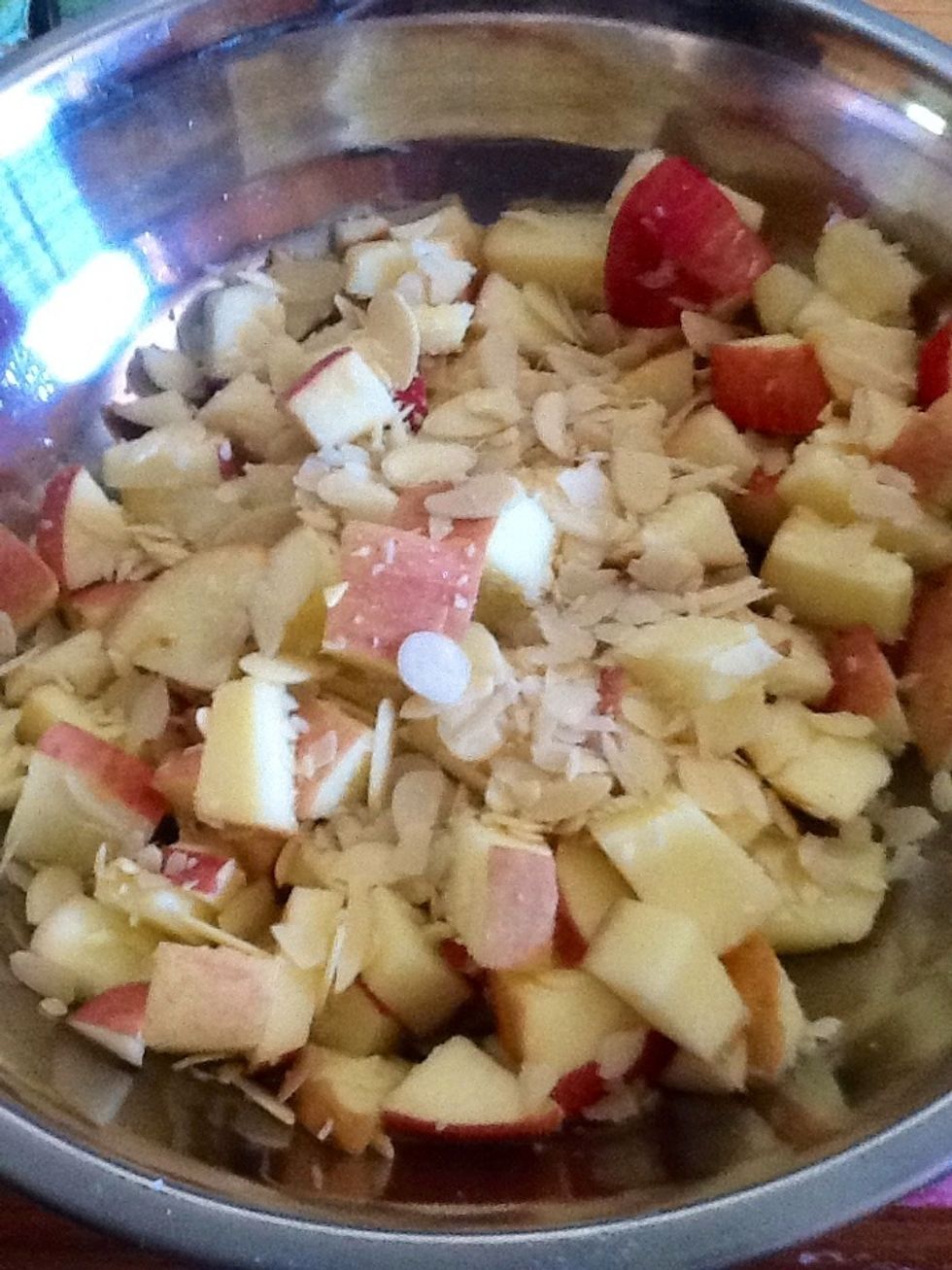 Mix the apples and a 1/2 cup almonds to your empty bowl reserving the rest of the almonds to sprinkle on the top of each loaf.