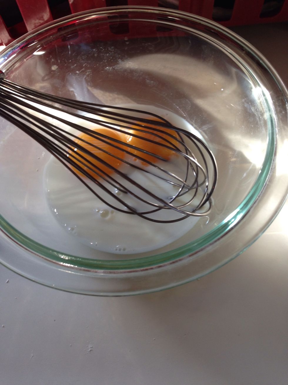 Mix the butter into the dry ingredients- while that is happening, whisk together your egg yolks and milk.