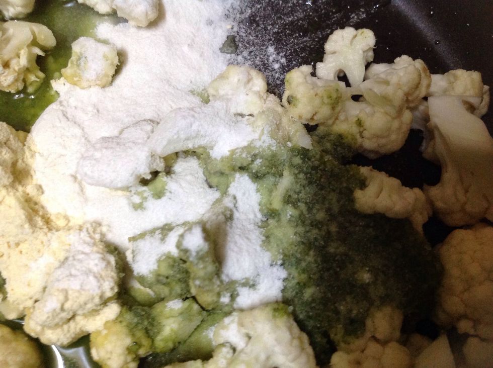 Mix the cauliflower with the ground paste,besan flour,rice flour,corn flour and salt as required..
