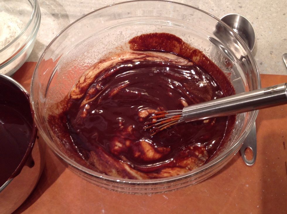 Mix the chocolate into the egg mixture.