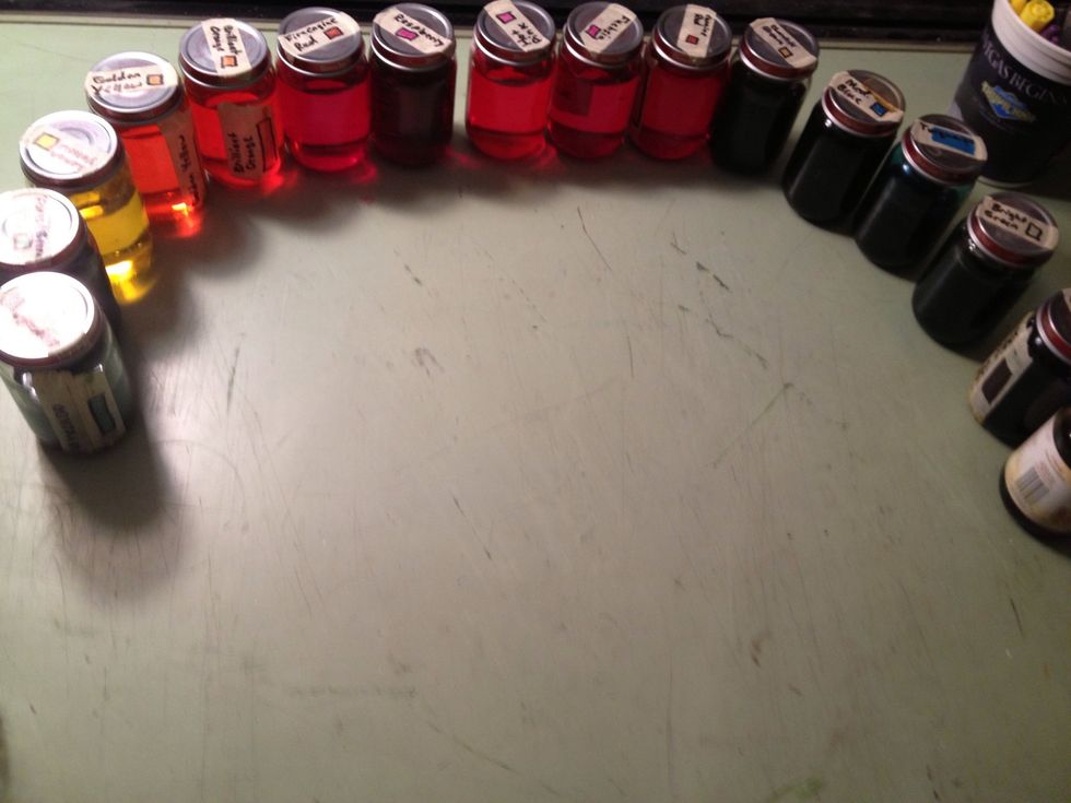 Mix the cold dyes with water in the baby food jars, a little powder goes a long way so watch out! Don't add too much! Practice the color intensity on a scrap piece of muslin.