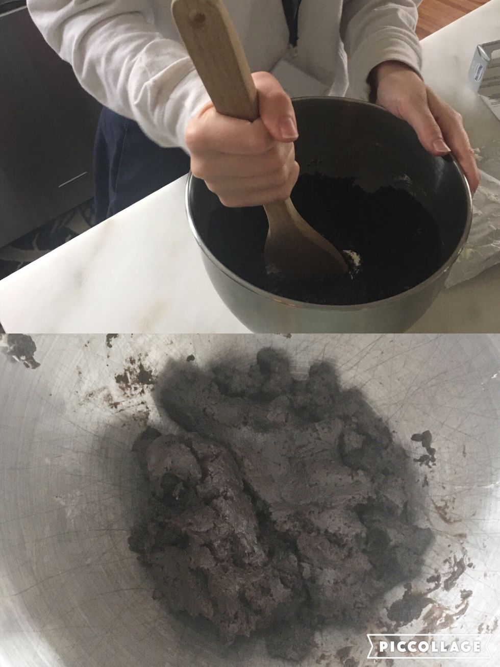 Mix the cream cheese and the powder until they become a dense, doughy substance.