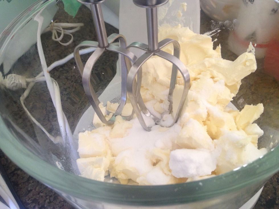 Mix the cream cheese with 3/4 cup of caster sugar, 3/4 cup of sour cream(you can change this with plain yoghurt)