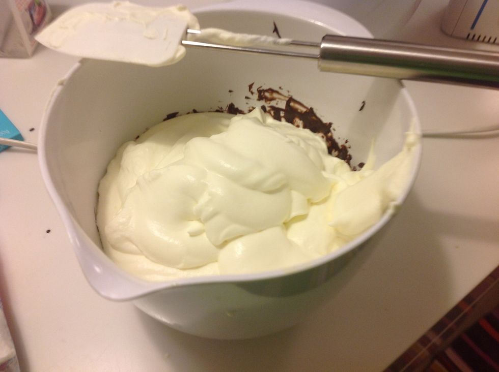 Mix the cream with the chocolate mix, but do it CAREFULLY!!!;)