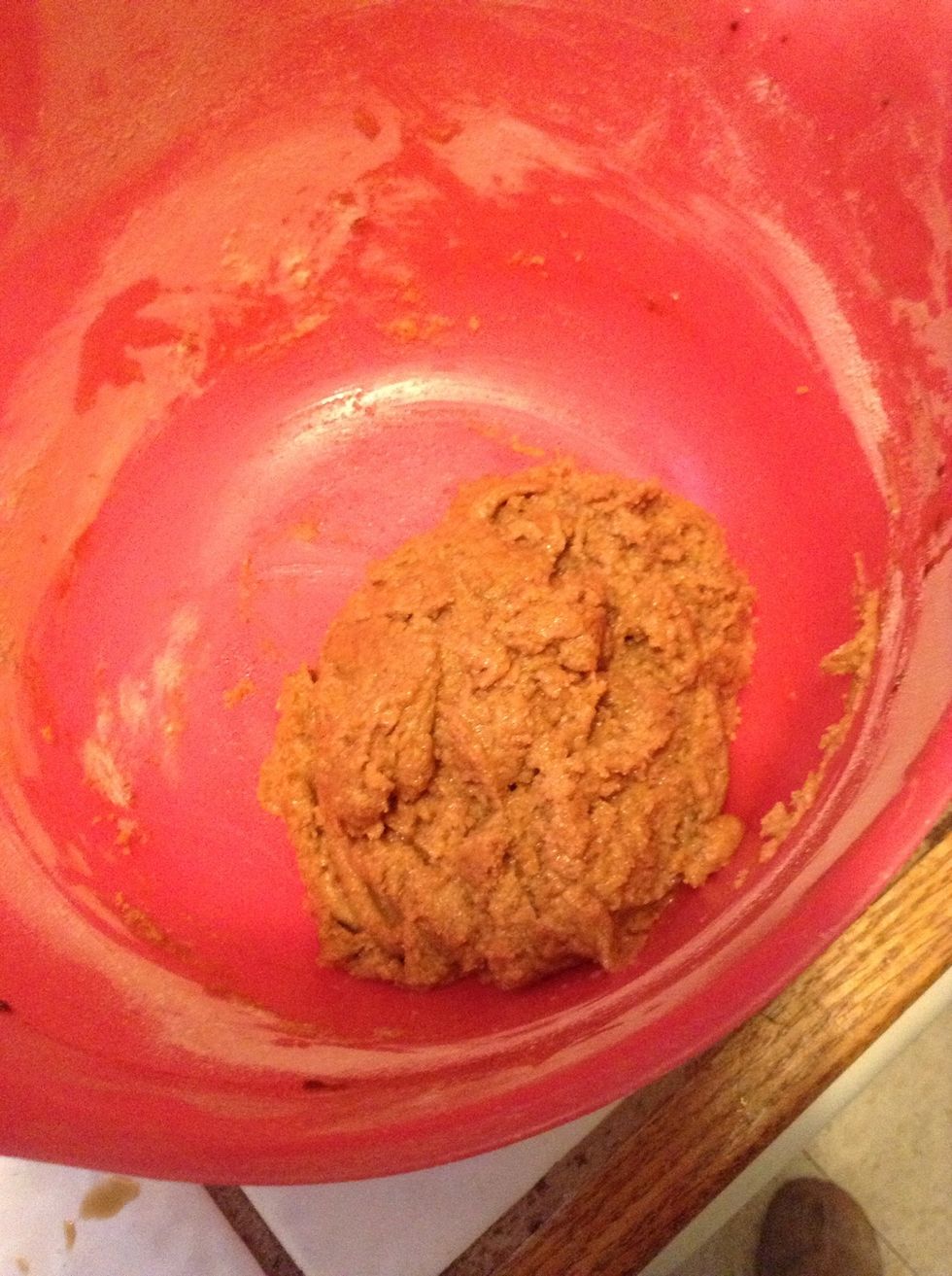 Mix the dry and wet ingredients. Form a ball with your hands or if you don't like getting your hands dirty, put mixture in a plastic bag and squish into a ball