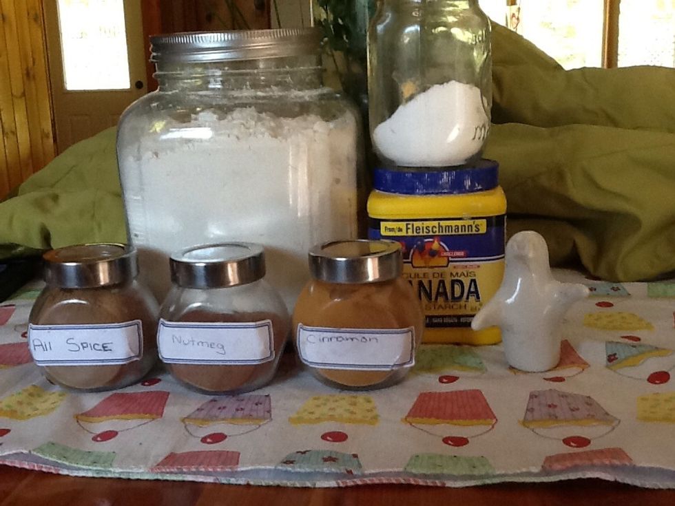 Mix the dry ingredients. Add the first six things listed on the supplies list into a bowl (flour to cinnamon) the penguin is my sea salt ;)