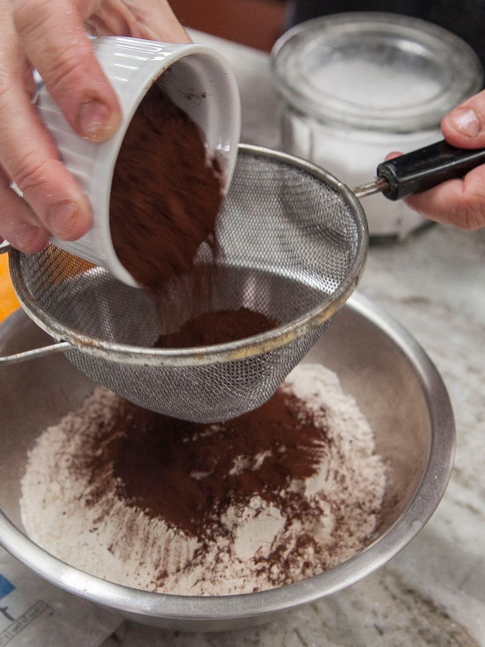 Mix the egg in well. When it's fully incorporated, sift together the cocoa and flour in a separate bowl