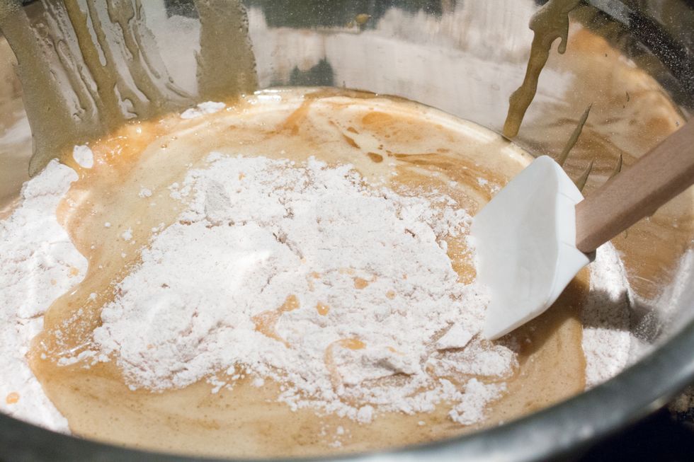 Mix the egg mixture into flour mixture until well moistened.