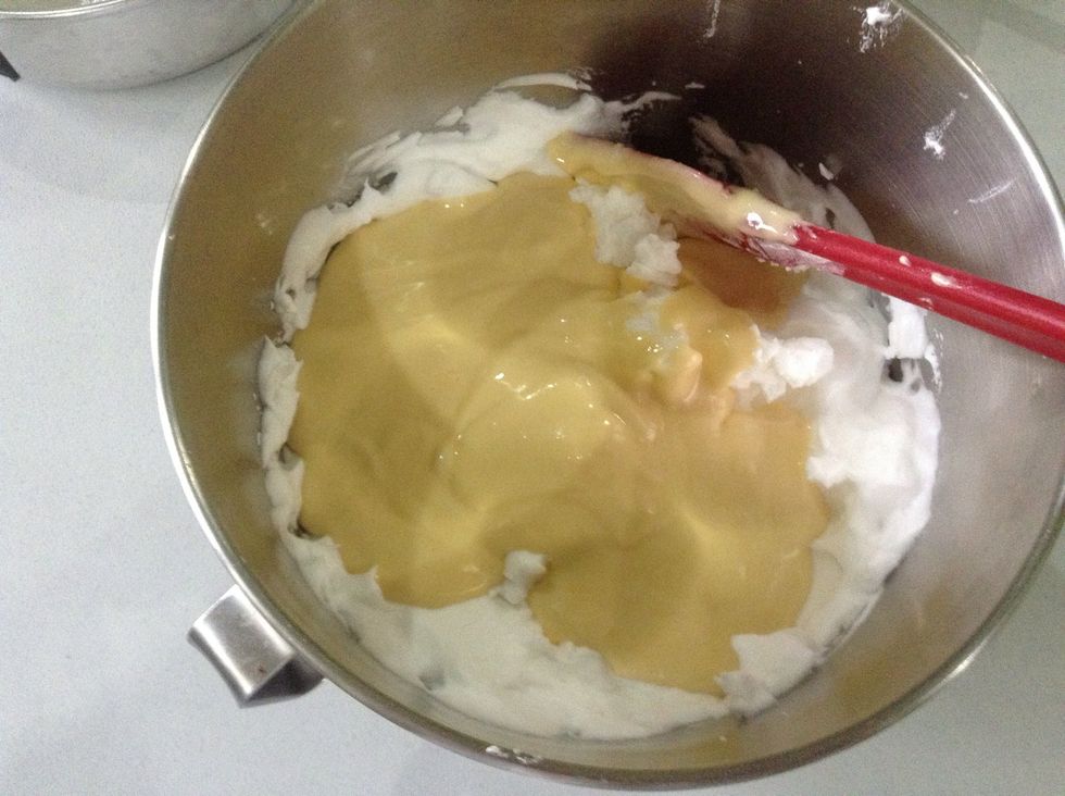 Mix the egg yolk to the egg whites and gently fold until everything is incorporated, be sure not to fold to much bec. It will loose the airiness of the egg white :)