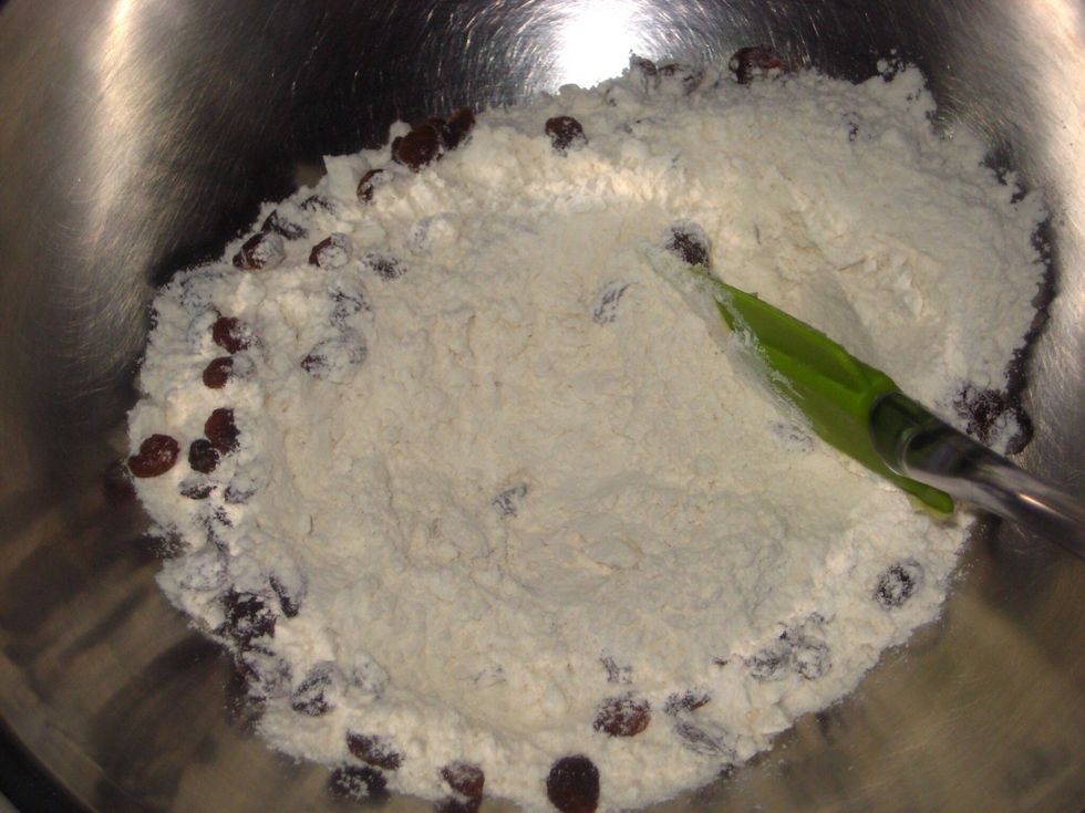 Mix the flour and raisins in a suitable bowl