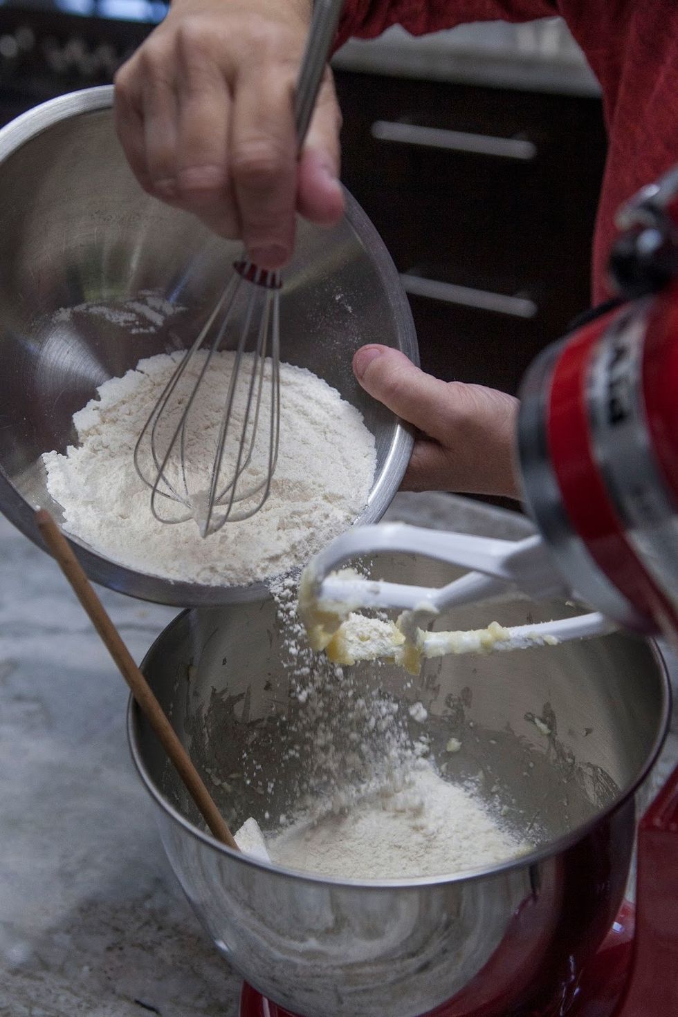 Mix the flour and the buttermilk into this separately in small batches, alternating them, starting and finishing with the flour.