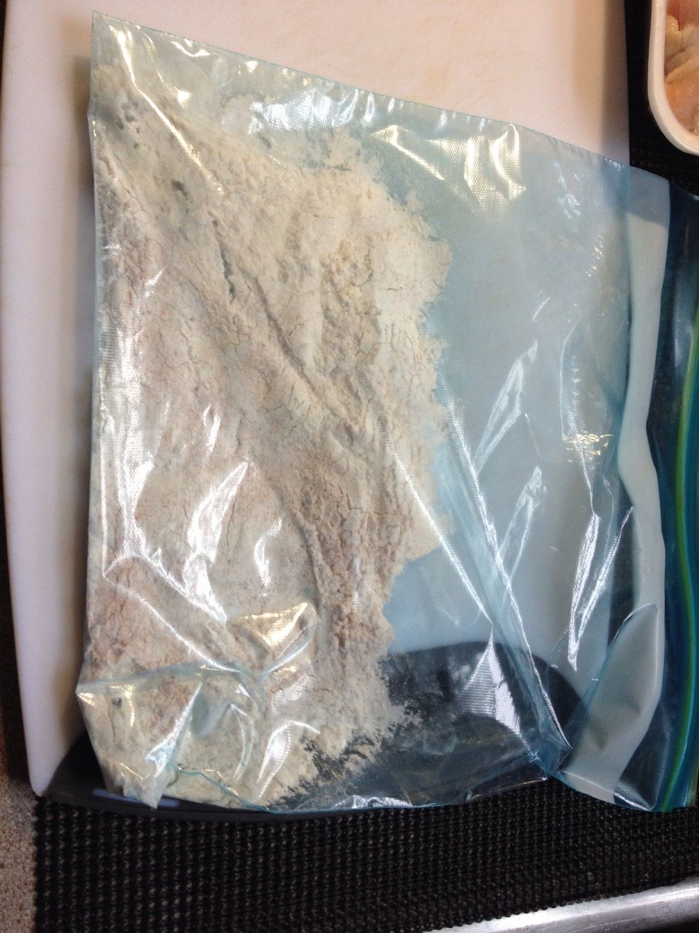 Mix the flour, paprika, pepper, & a dash of sea salt into a bag or bowl to rub the wings in.
