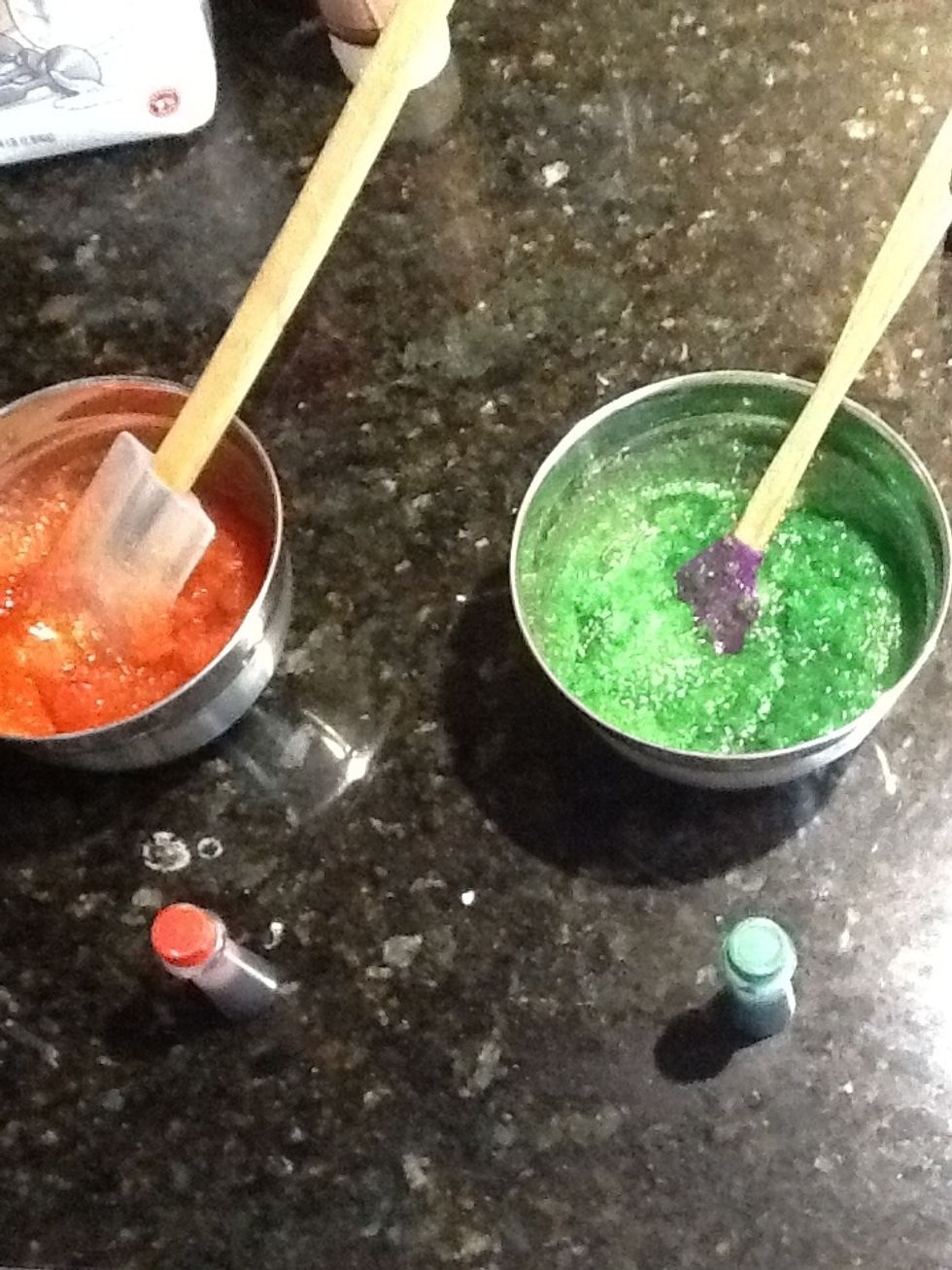 Mix the food coloring in ~~ if yours came out more whitish due to the type of oil used, you could do one bowl red and leave one white to make it look like a candy cane\ud83d\ude0a\ud83c\udf85\ud83c\udf84