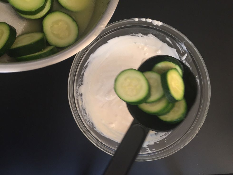 Mix the glazed courgettes and the yogurt tahini sauce