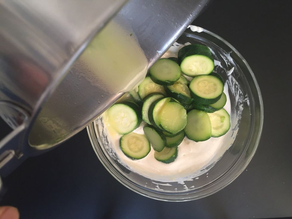 Mix the glazed courgettes and the yogurt tahini sauce