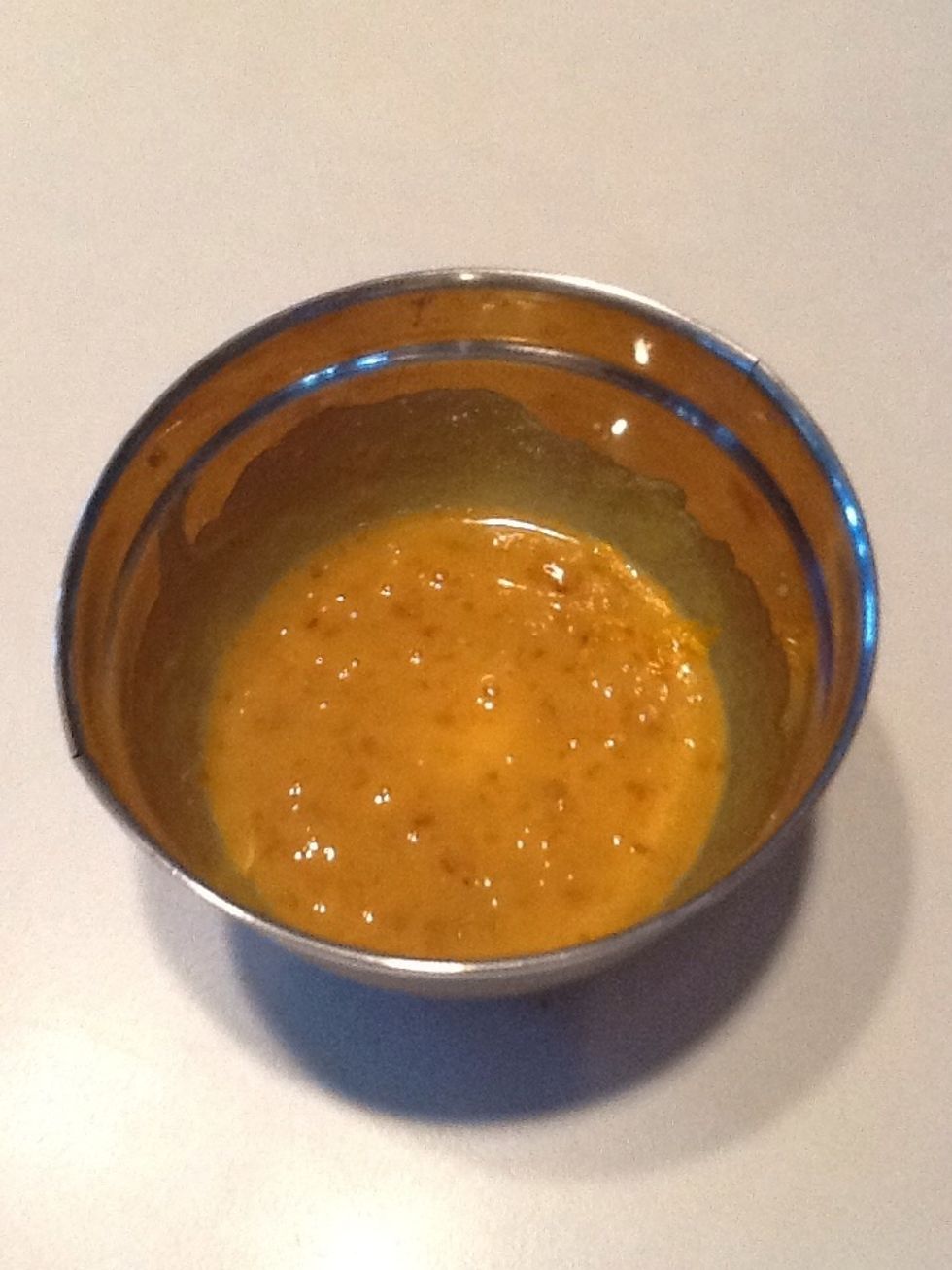 Mix the honey, Dijon mustard, and apricot preserves (or orange marmalade).