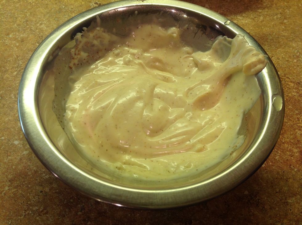 Mix the ingredients for the sauce until well blended. Then place it in the refrigerator until the time comes to use it.