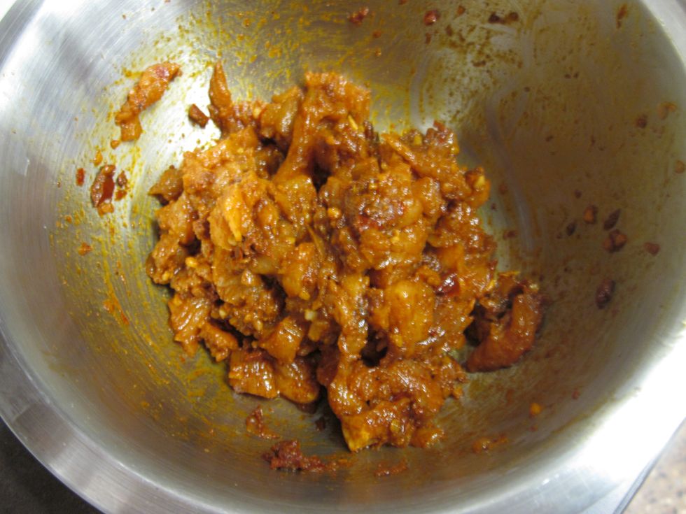 mix the ingredients into the bite size chicken try to evenly distribute the spices. cover and put in the fridge overnight.