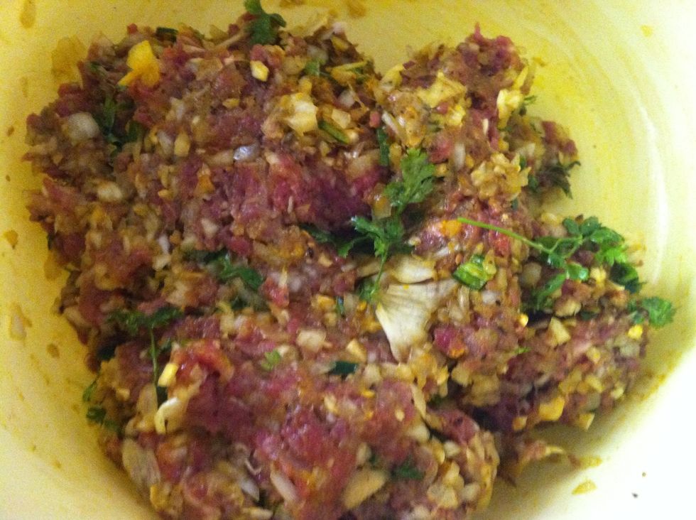 Mix the lamb and dry spice with the coriander leaves. Keep aside