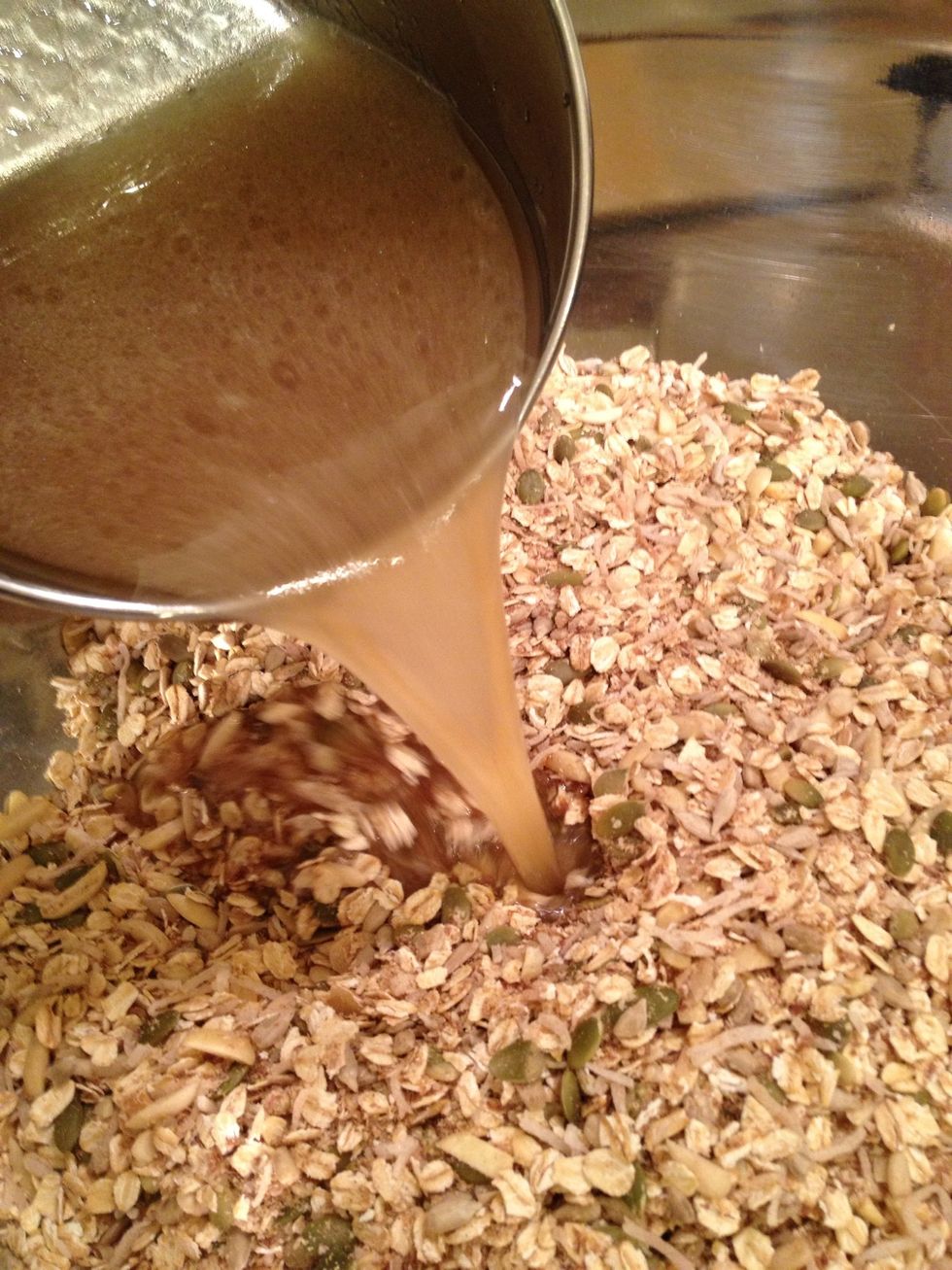 Mix the liquid into the dry ingredients. Make sure the dry ingredients are thoroughly mixed first, so you don't get any super salty bites.