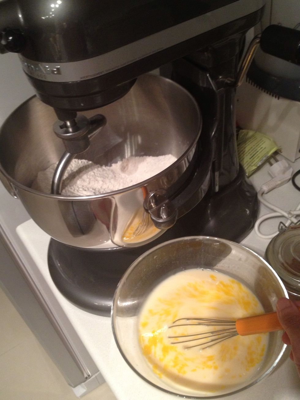 Mix the liquid up and pour into the dry gradually. No need to be gentle tho.