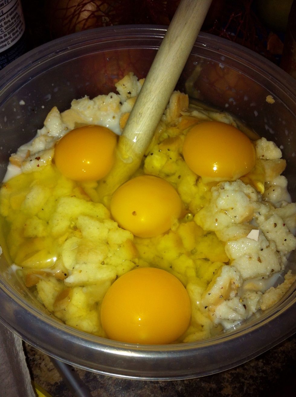 Mix the meat with the onions, salt & pepper, eggs & bread/milk mixture.