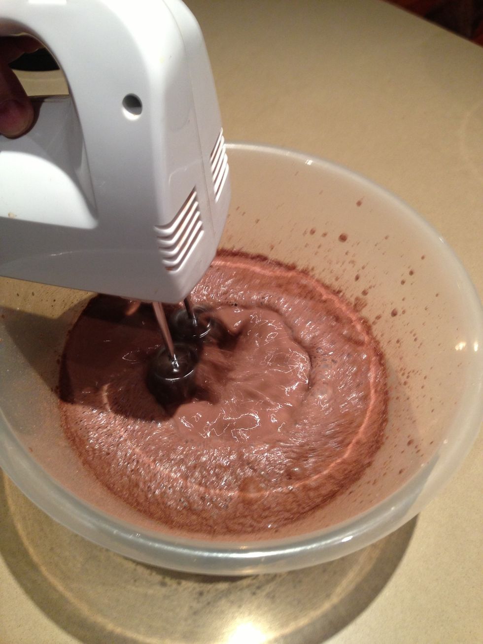 Mix the milk and contents together for about 1 minute or once it's mixed together with no dry ingredients on the bottom or sides of the bowl