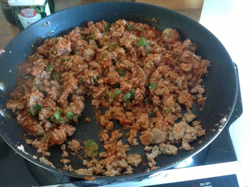 Mix the pizza sauce the the turkey burger and let simmer for about 4 minutes.then turn off burner.