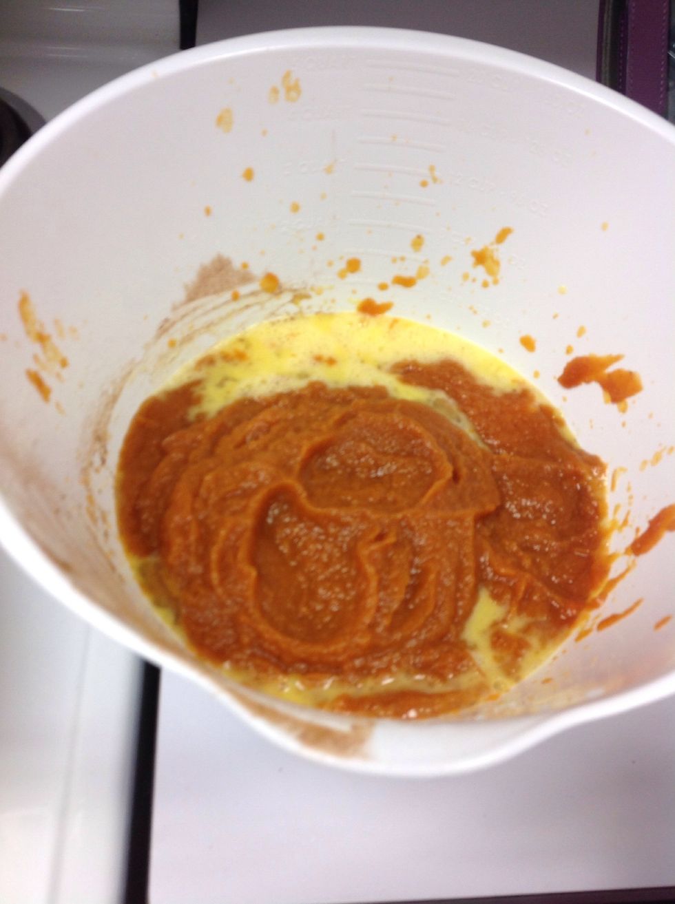 Mix the pumpkin mix, eggs and milk all together until it's a thick liquid
