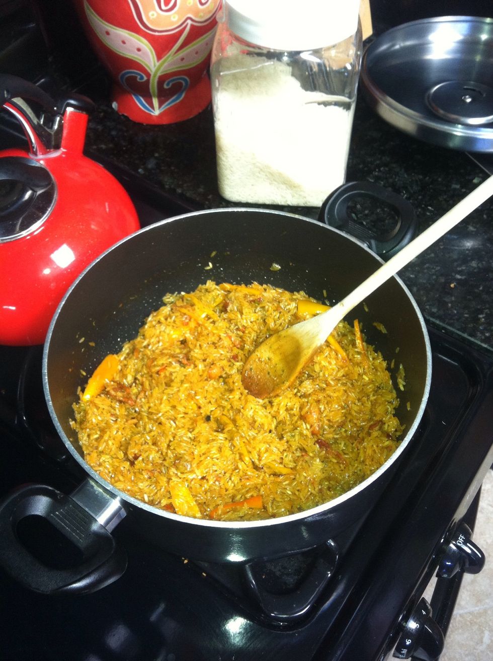 Mix the rice in and stir till it looks like that, you may add chopped sweet peppers now
