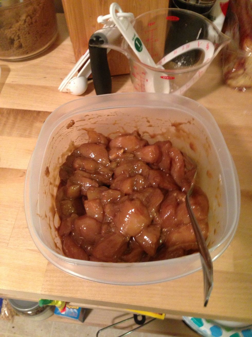 Mix the soy sauce and chicken together and marinade the chicken for at least 5 mins.