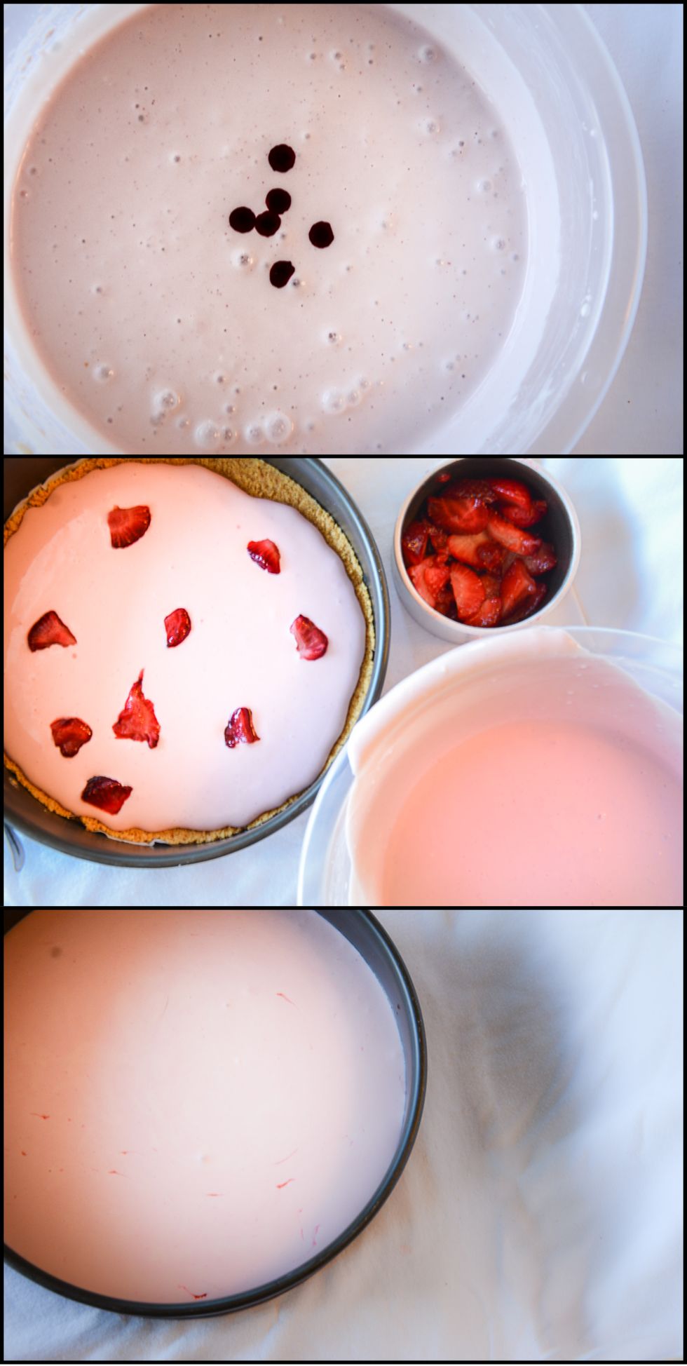Mix the sweetened condensed milk, Strawberry Rhubarb Parfait tea and the food colouring into the cream cheese mixture. Pour the mixture over the crust, adding strawberries if you like.