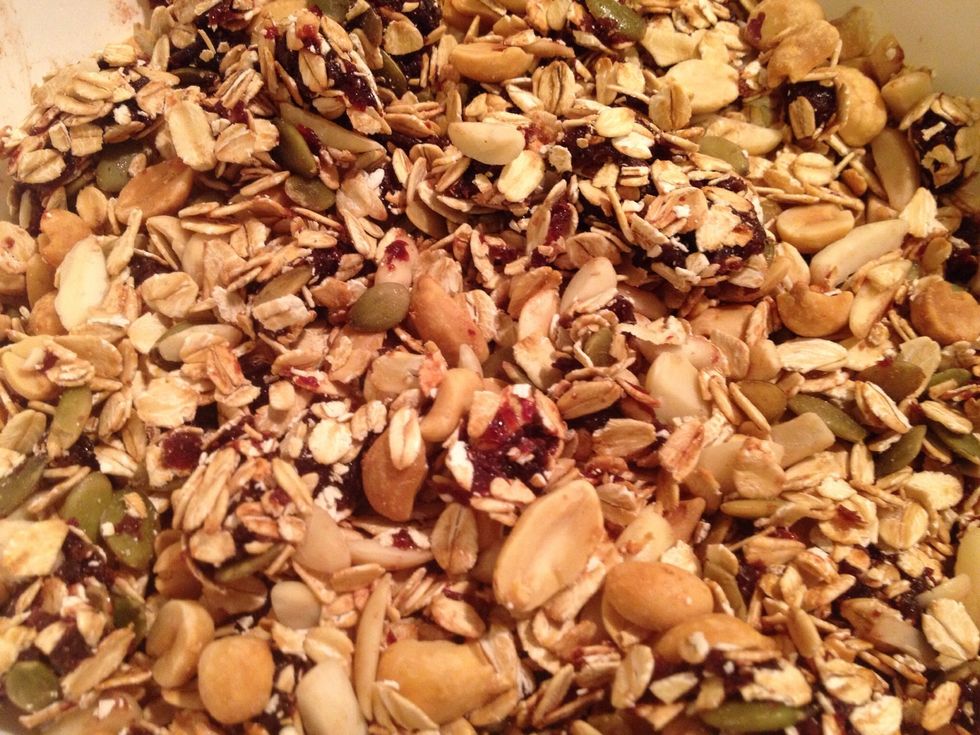 Mix the toasted oats (toast them in a skillet on the stove top or on a baking sheet in the oven), peanuts, almonds, pumpkin seeds and cherries (you might need to use your hands:-)
