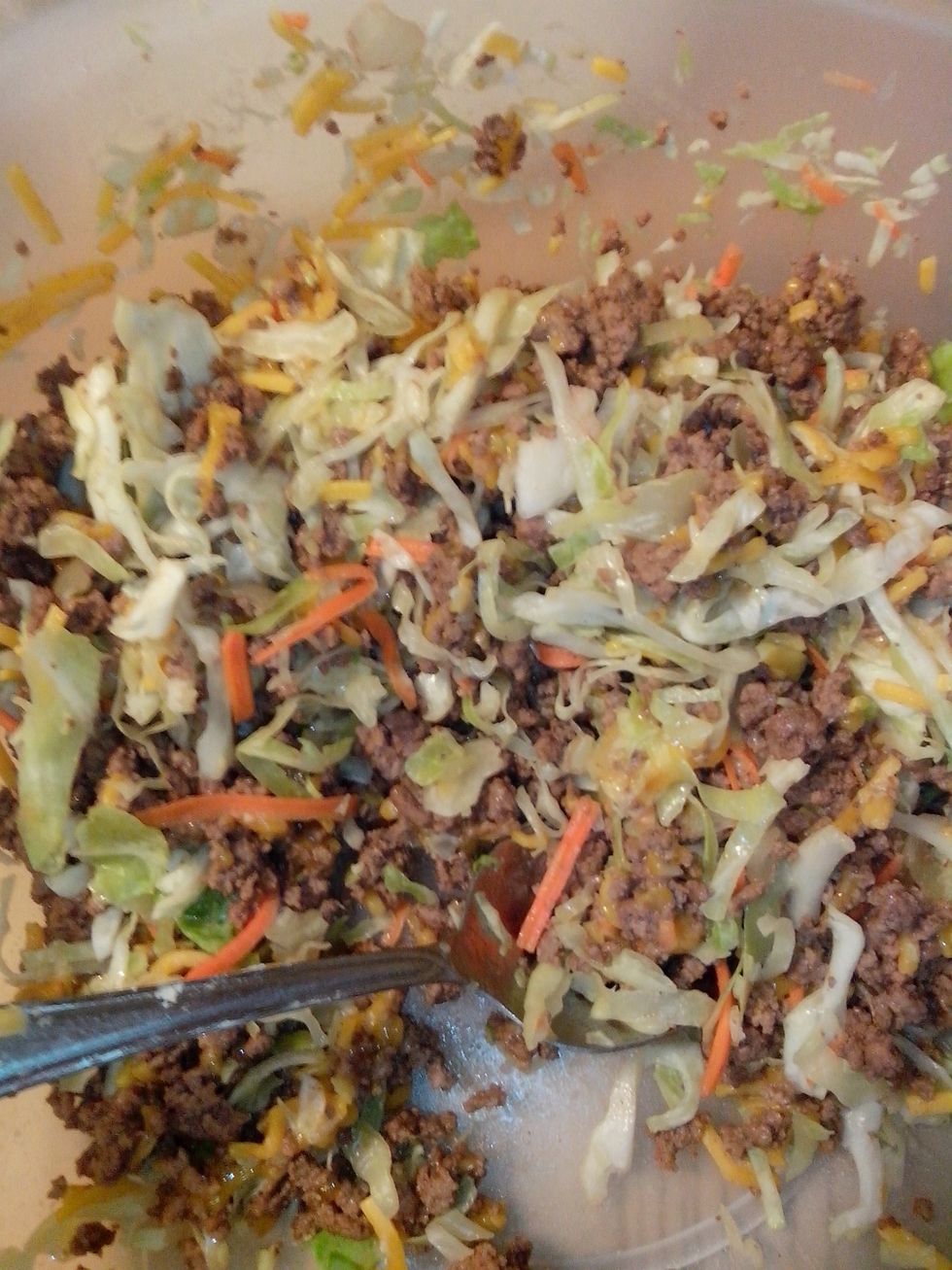 Mix the well done ground beef with the shredded cabbage and cheese. Add soy and teriyaki sauce to flavor. But not too much, don't want excess liquid.