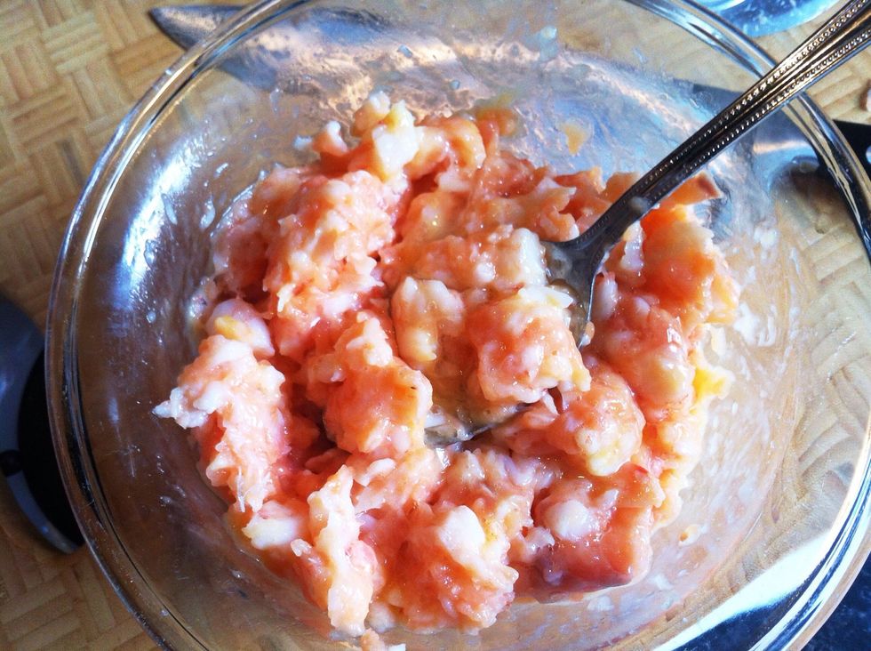 Mix the yolk in with the blended fish, you can do this with a spoon. (It will turn quite gloopy).