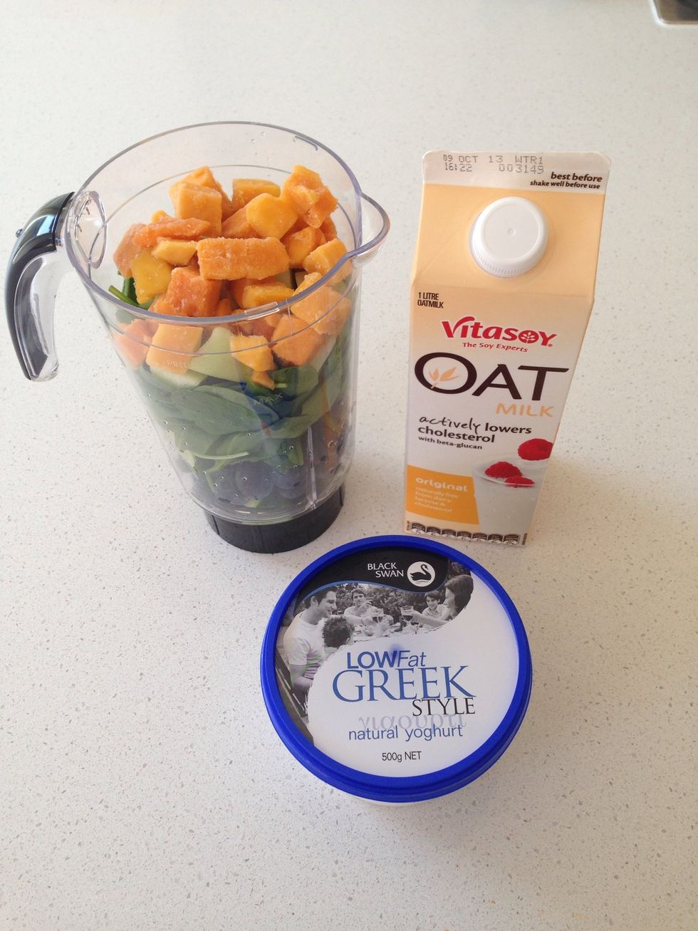 Mix them all in the blender, always start with 1/2 cup of milk (any kind you prefer), you can add more while blending if you like it thinner, then add 2 tablespoons of greek yogurt, blend till smooth.