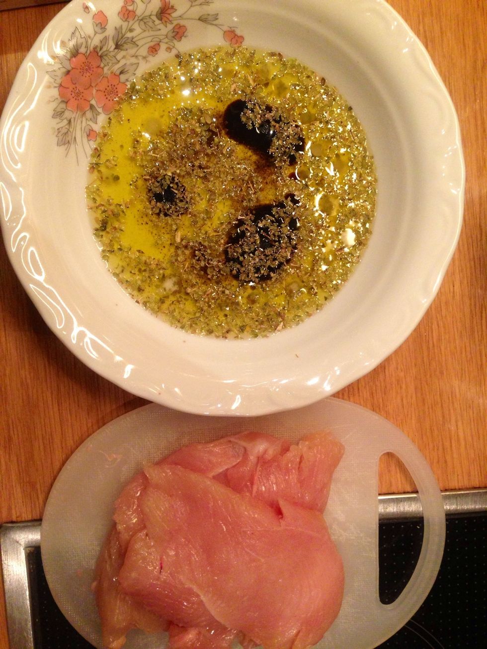 Mix them with olive oil and slice the chicken breast to the thickness of your choice for cooking time adjustment