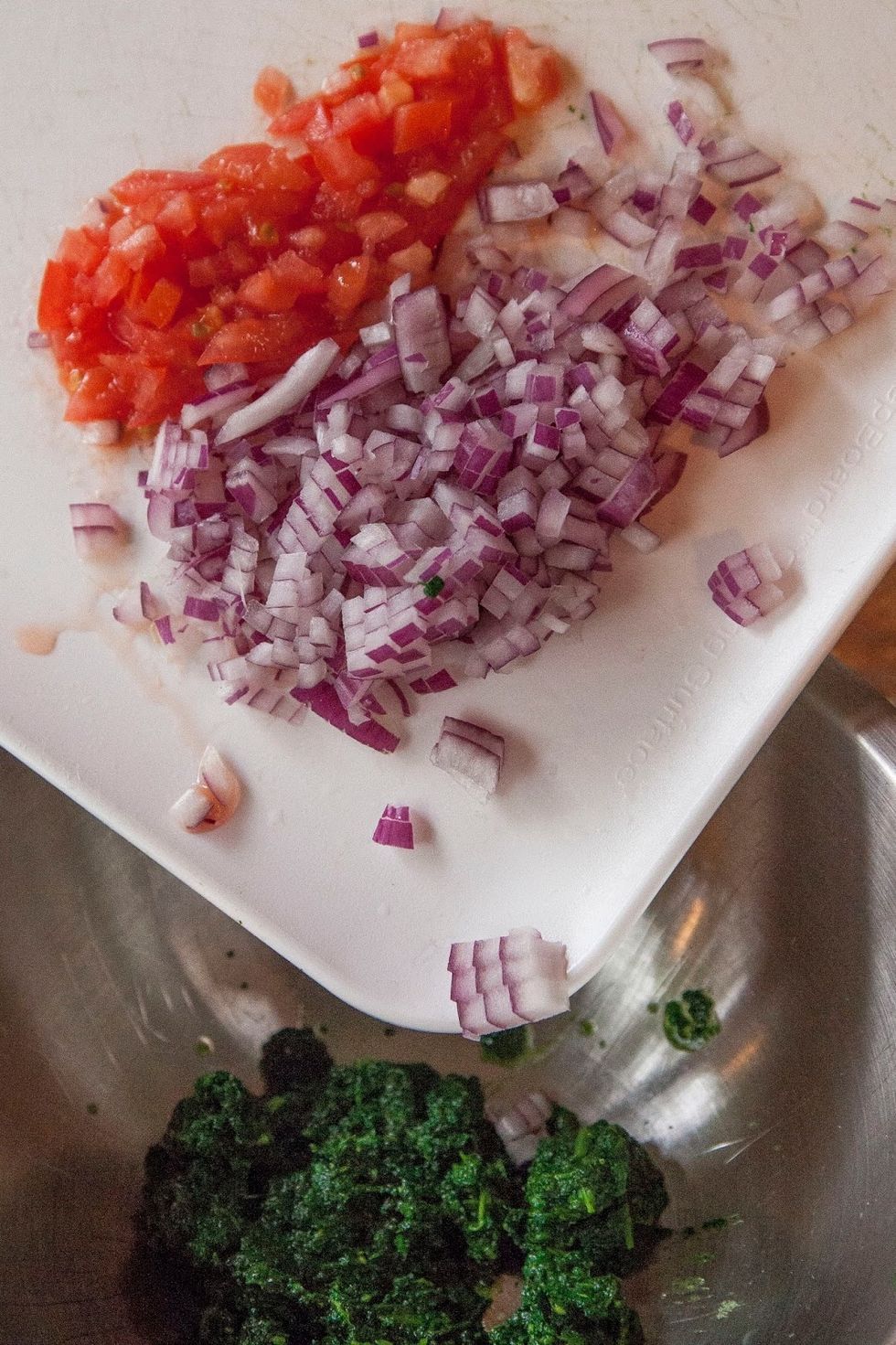 Mix them with the chopped red onion and tomato.