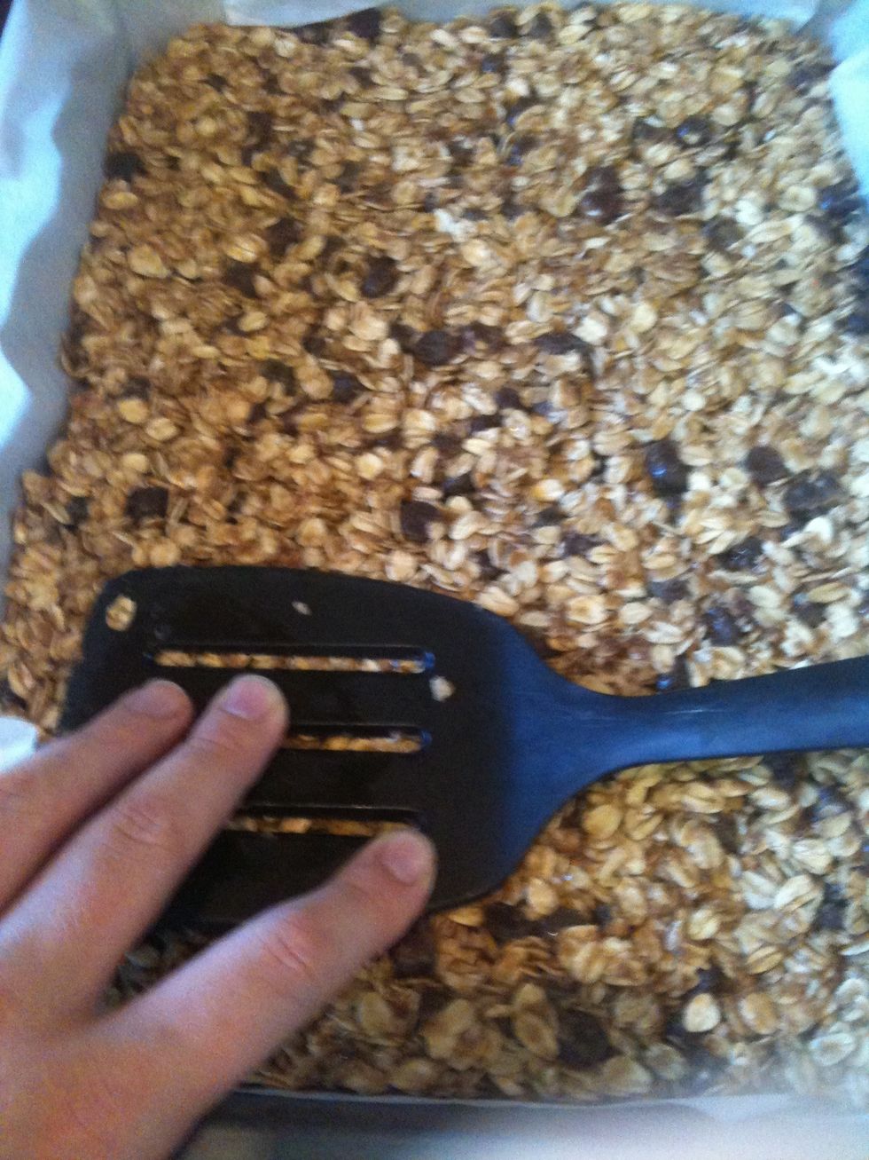 Mix then pour into a 9x13 inch pan, using a spatula to spread out and flatten.