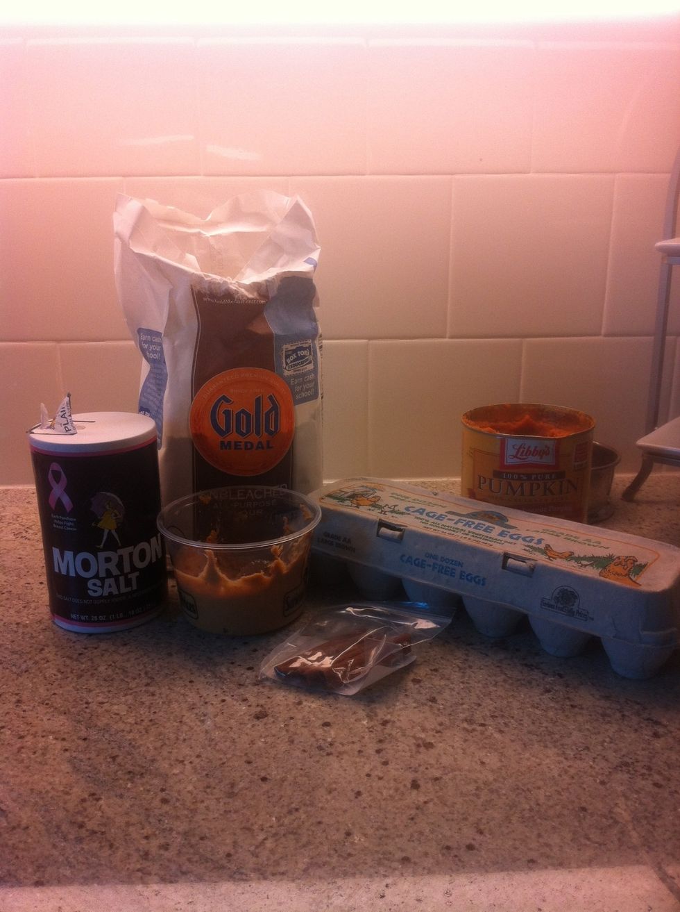 Mix together 2 1/2 cups of flour, 2 eggs, 1/2 teaspoon of salt, 1/2 teaspoon of ground cinnamon, 2 tablespoons of peanut butter, and 1 cup of canned pumkin.