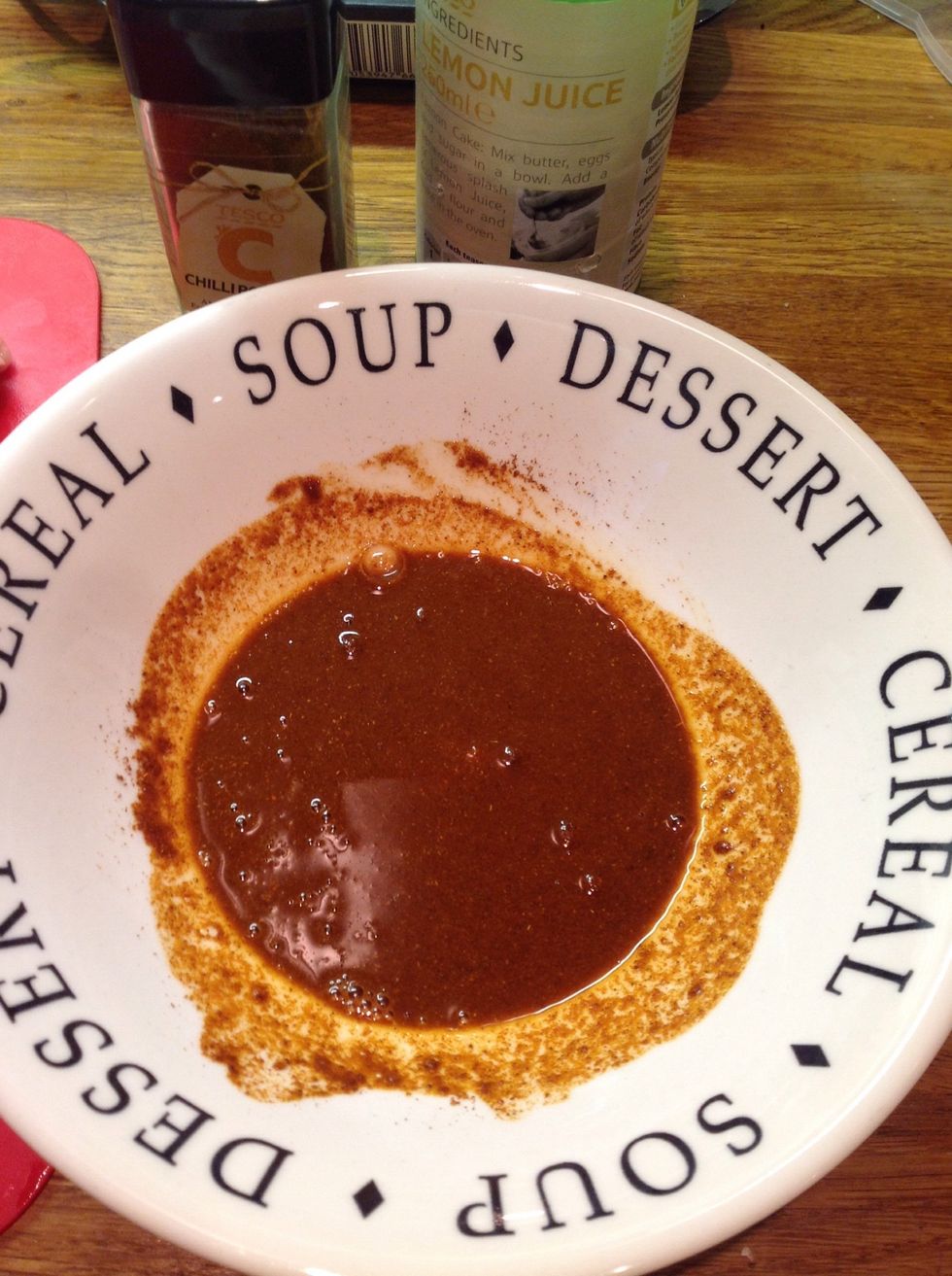 Mix together 2 tsp of chilli powder and 2 tsp of lemon juice with a pinch of salt until it forms a watery paste.