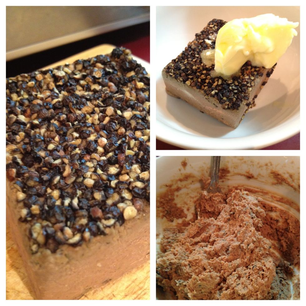 Mix together 2TB of Softened Butter and P\u00e2t\u00e9. If you enjoy and can afford it, I suggest duck p\u00e2t\u00e9. But for this recipe I used a chicken liver p\u00e2t\u00e9 with peppercorns on top. More flavour!