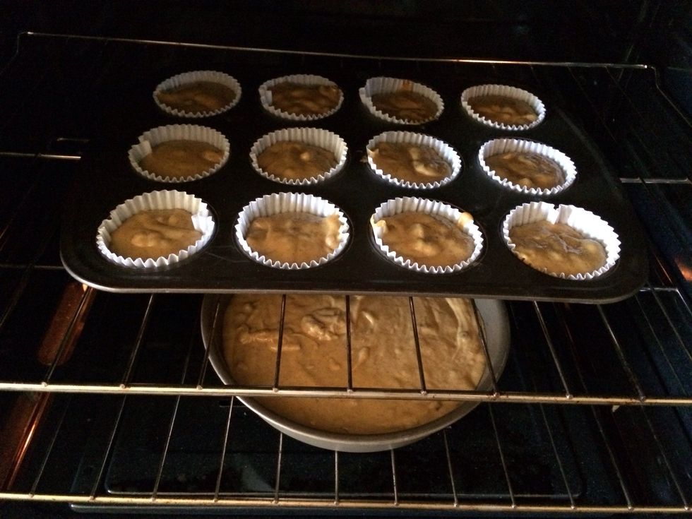 Mix together all ingredients except the frosting and then place in cup cake papers inside cupcake tin. You will have enough mix leftover to do either a cake or 12 more cupcakes. That's up to you!