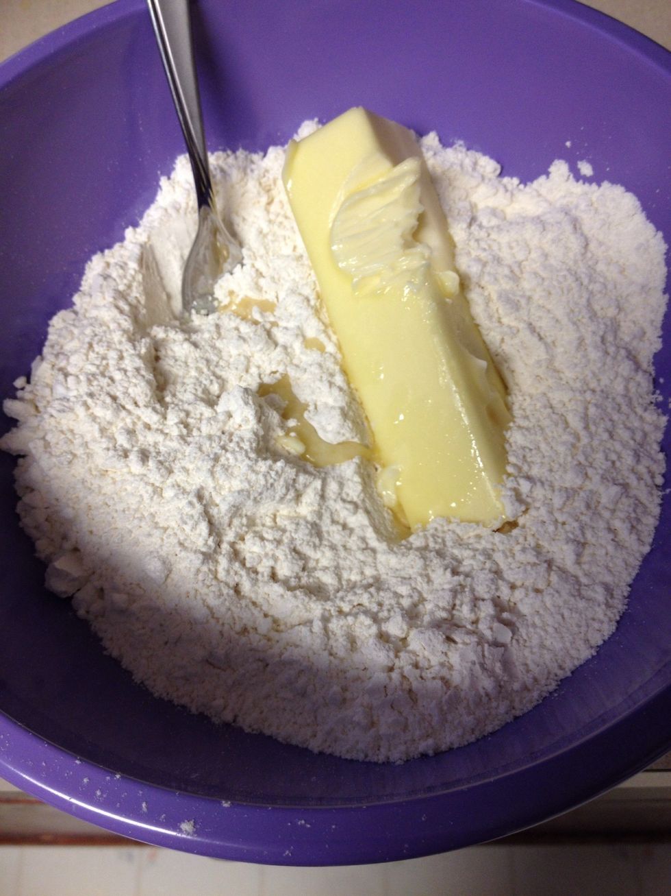 Mix together all the dry ingredients and then cut in the butter *I soften the butter first and then put the dough in the refrigerator to ensure that the biscuit is flakey*