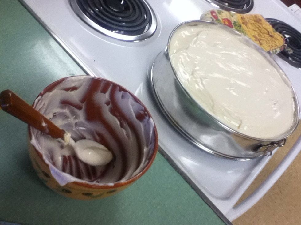 Mix together combine 16 oz of sour cream, 1/4 cup of sugar & 1teaspoon vanilla.. After the cake is done cooking take it out of the over and spread mixture onto it evenly