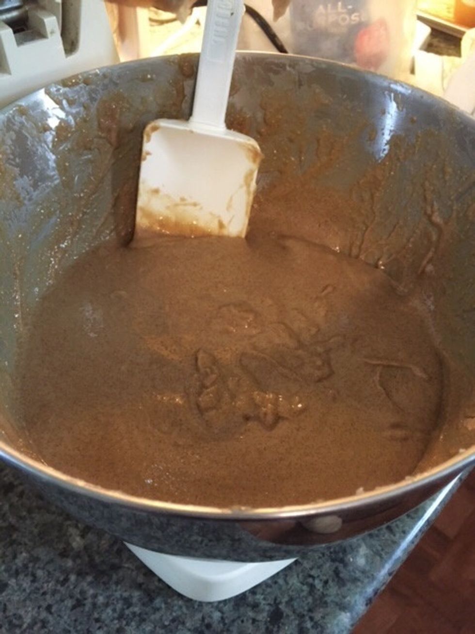 Mix together creamed butter, peanut butter, and the brown sugar until all ingredients are combined evenly.