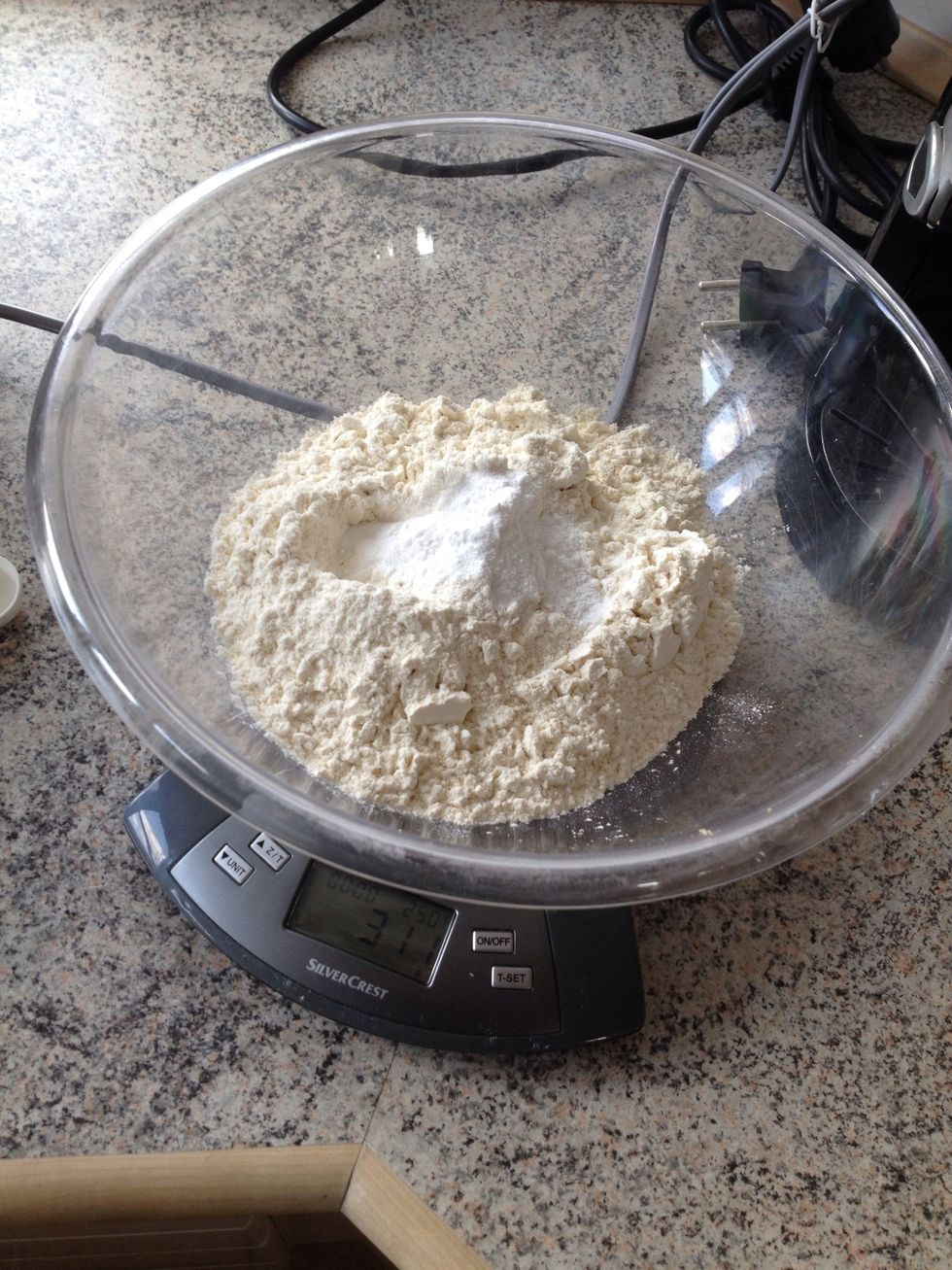 Mix together flour, soda and baking powder